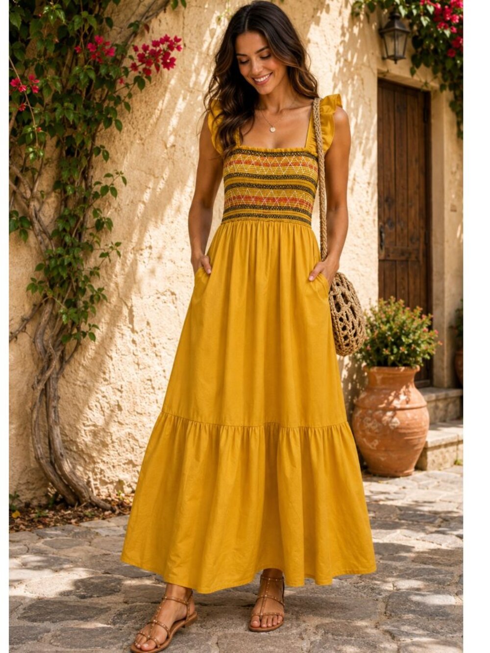 Strut & Bolt Sam Mustard Embroidered Maxi Dress Size M NWT